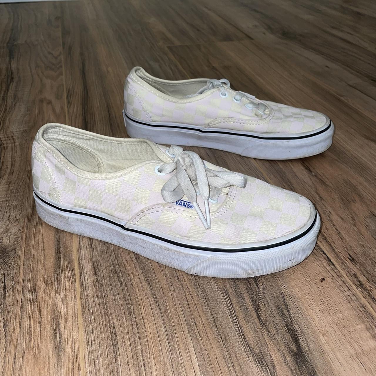 cute pink light yellow checkered vans size 6. Depop