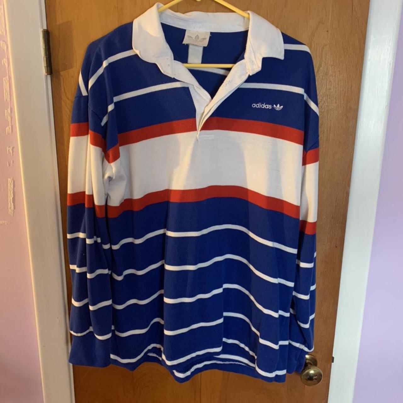 Vintage Adidas 80s Striped Rugby shirt XL. Size tag... - Depop