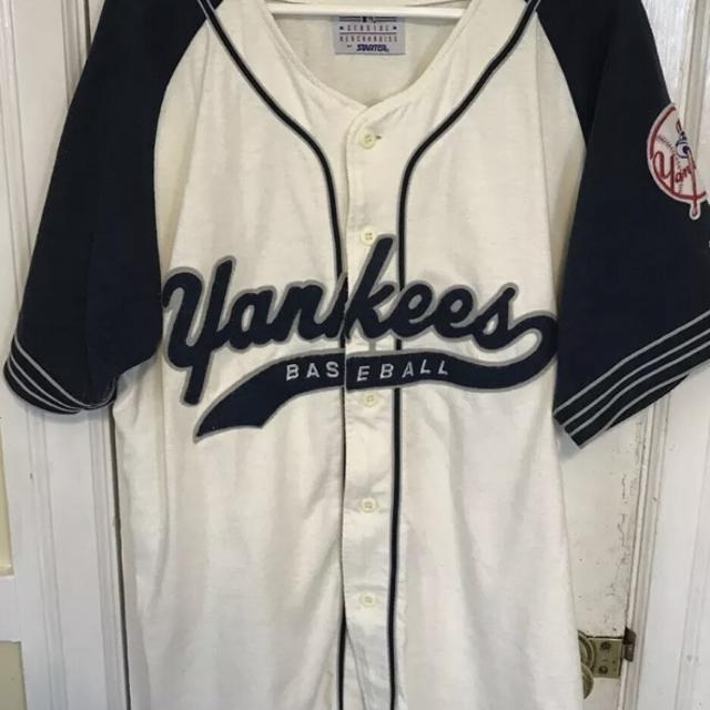 NEW YORK YANKEES 90s BASEBALL JERSEY SHIRT TOP STARTER SCRIPT VINTAGE MLB  MENS L