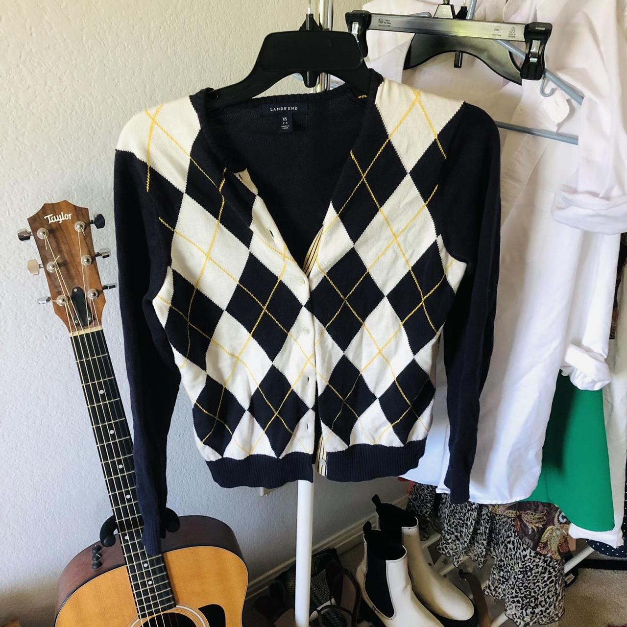 Lands' End Women's Black and Yellow Cardigan | Depop