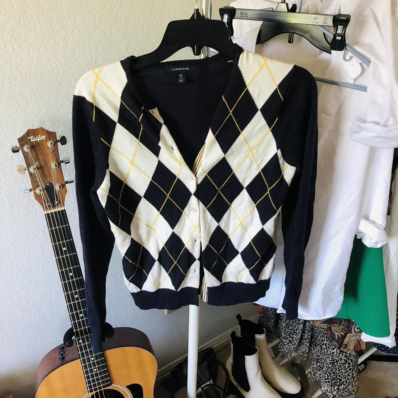 Lands' End Women's Black and Yellow Cardigan Depop
