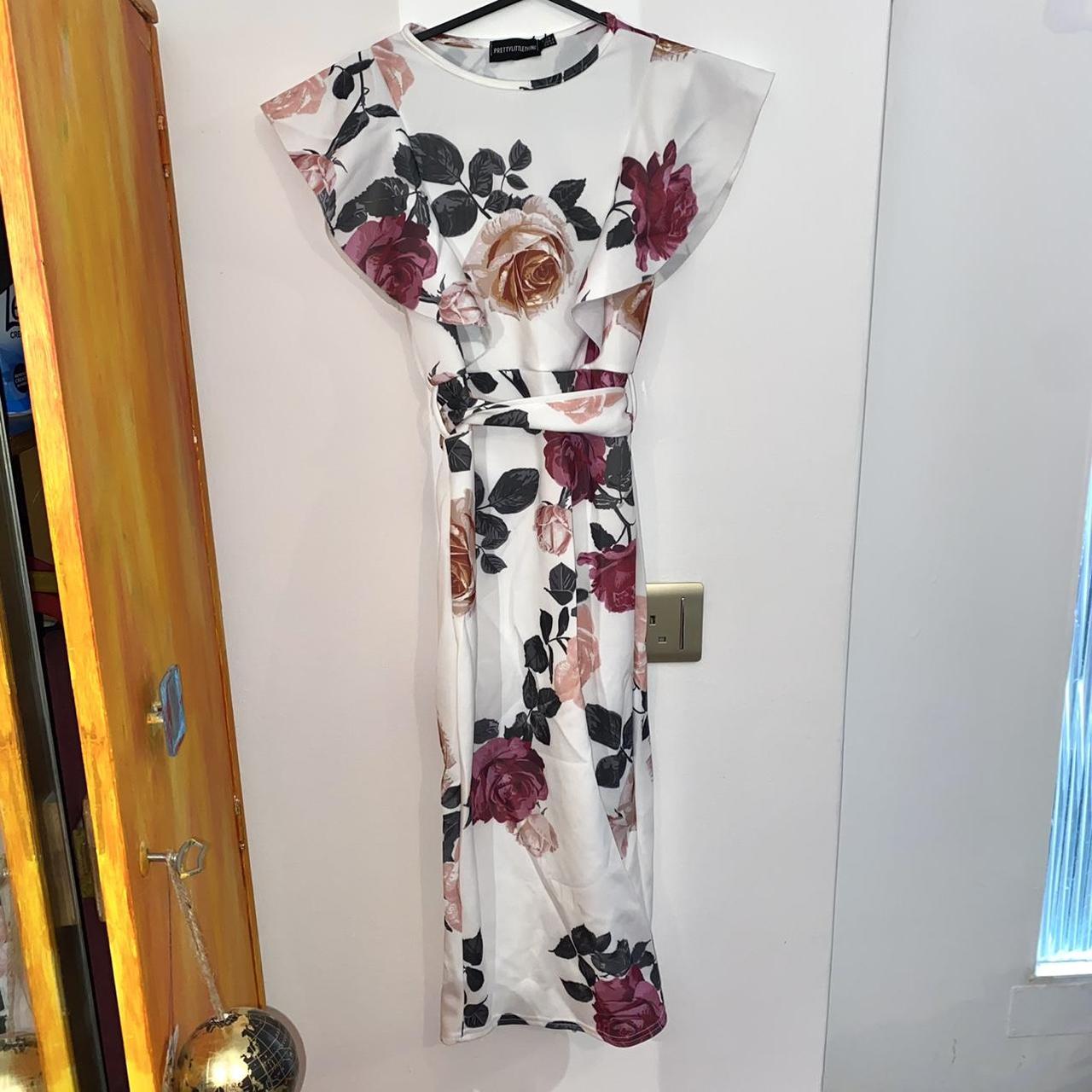 White Floral Print Frill Detail Midi Dress