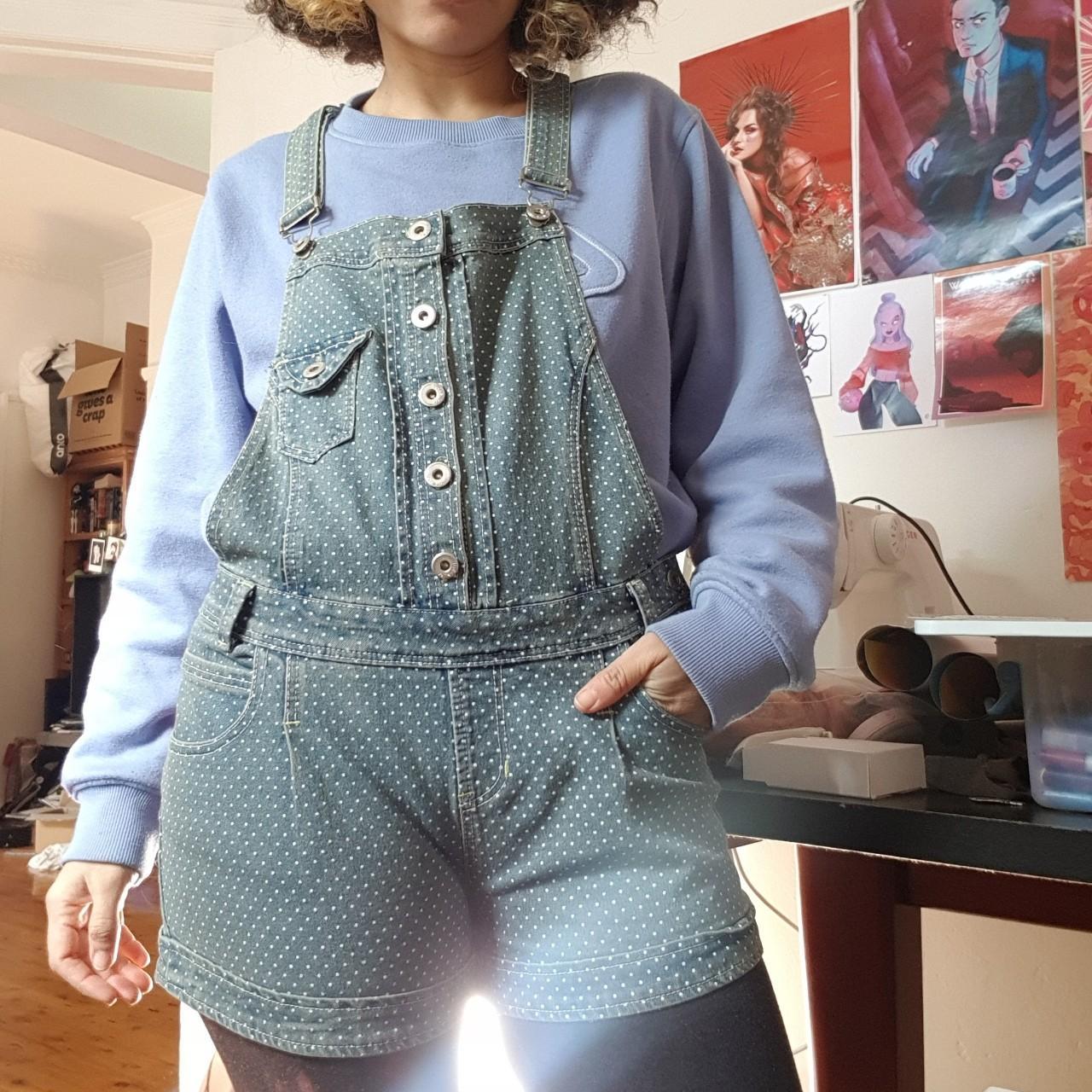 Light blue denim short overalls with white polka... - Depop