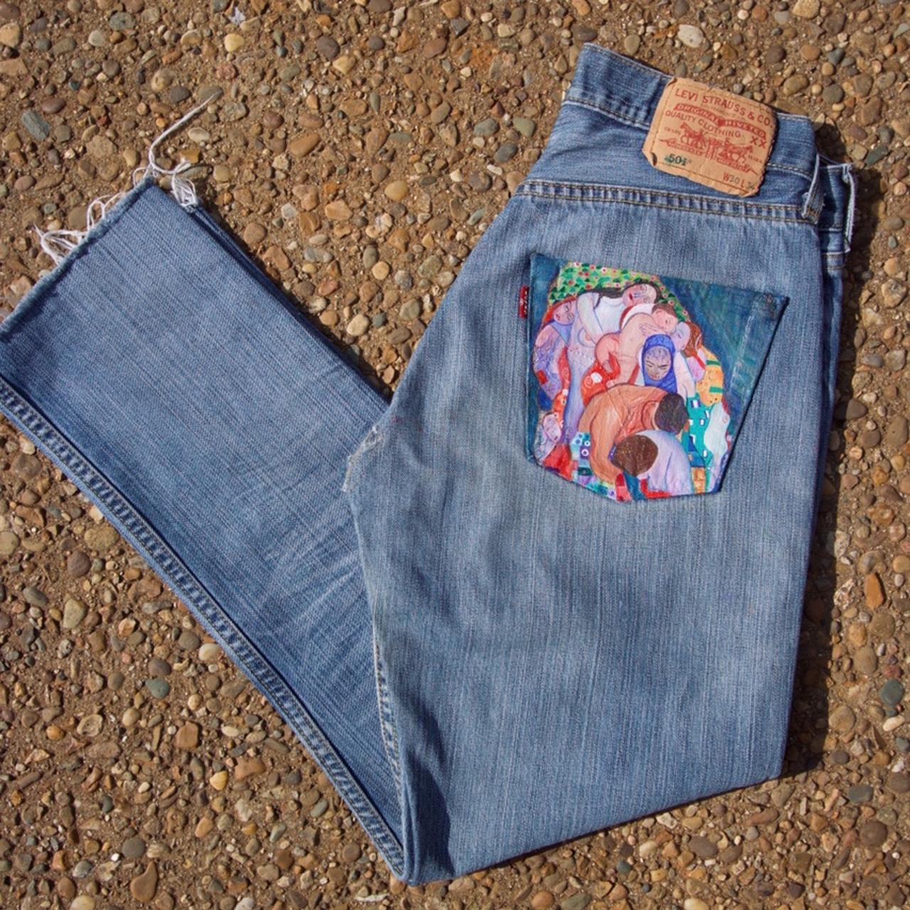 Custom reworked hand painted jeans. Jeans feature a... - Depop