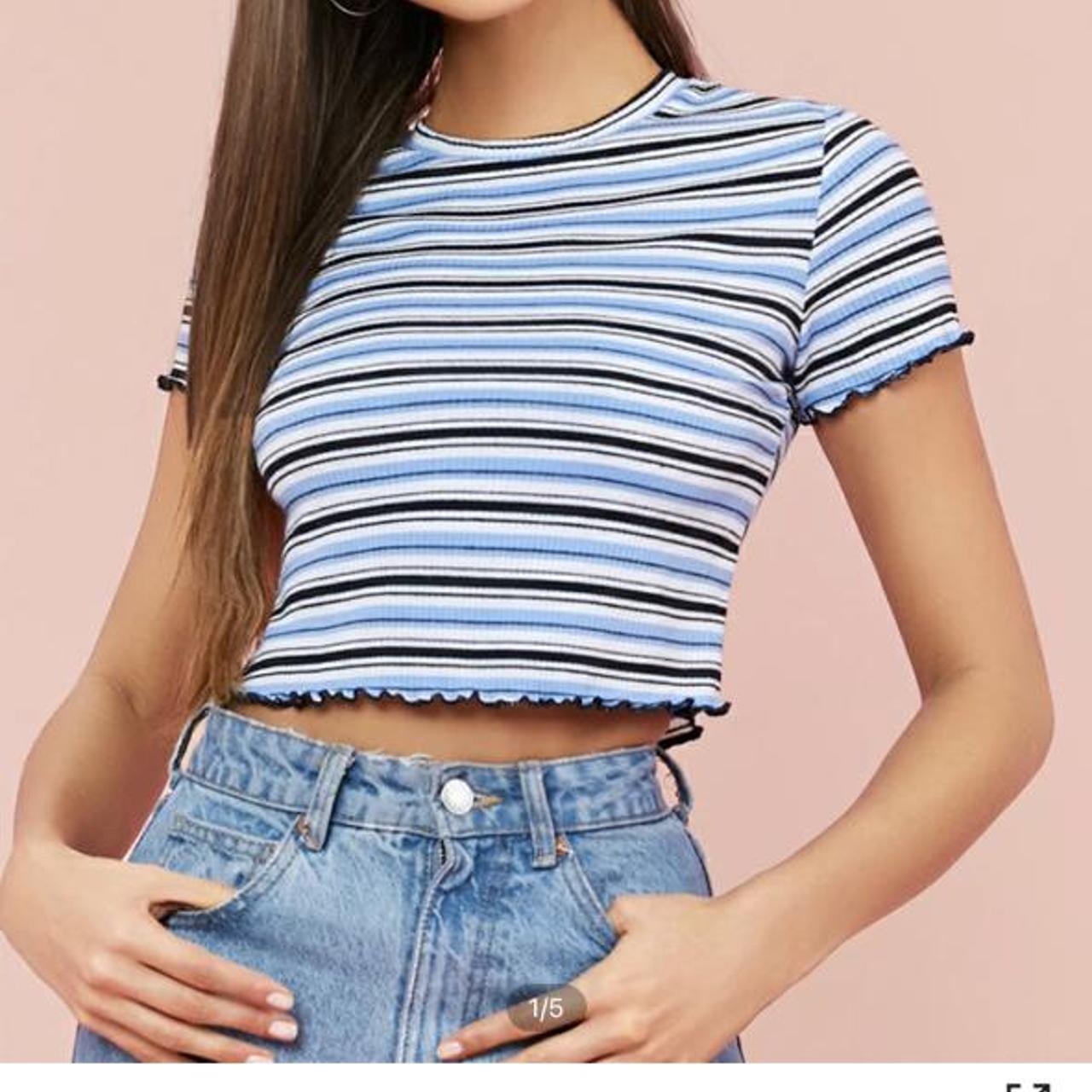 💙 SHEIN blue black and white striped crop top with... - Depop