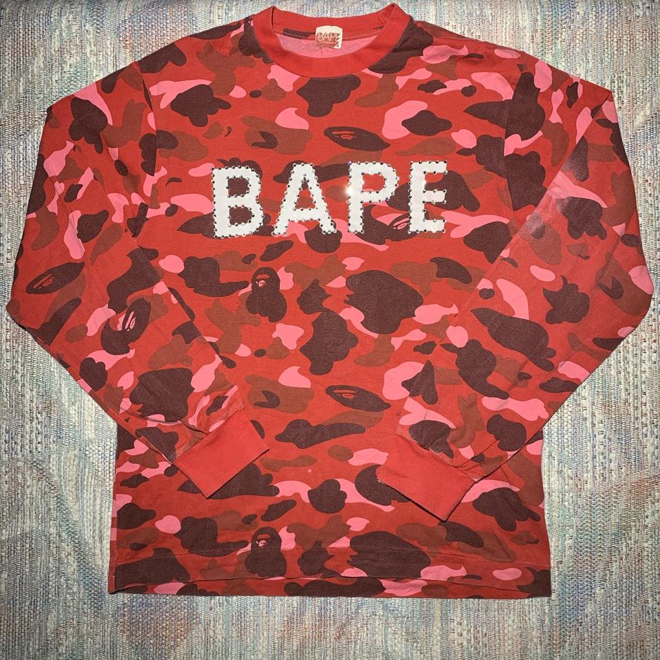 Bape Red Camo Long Sleeve Tee Shirt Spell Out Depop