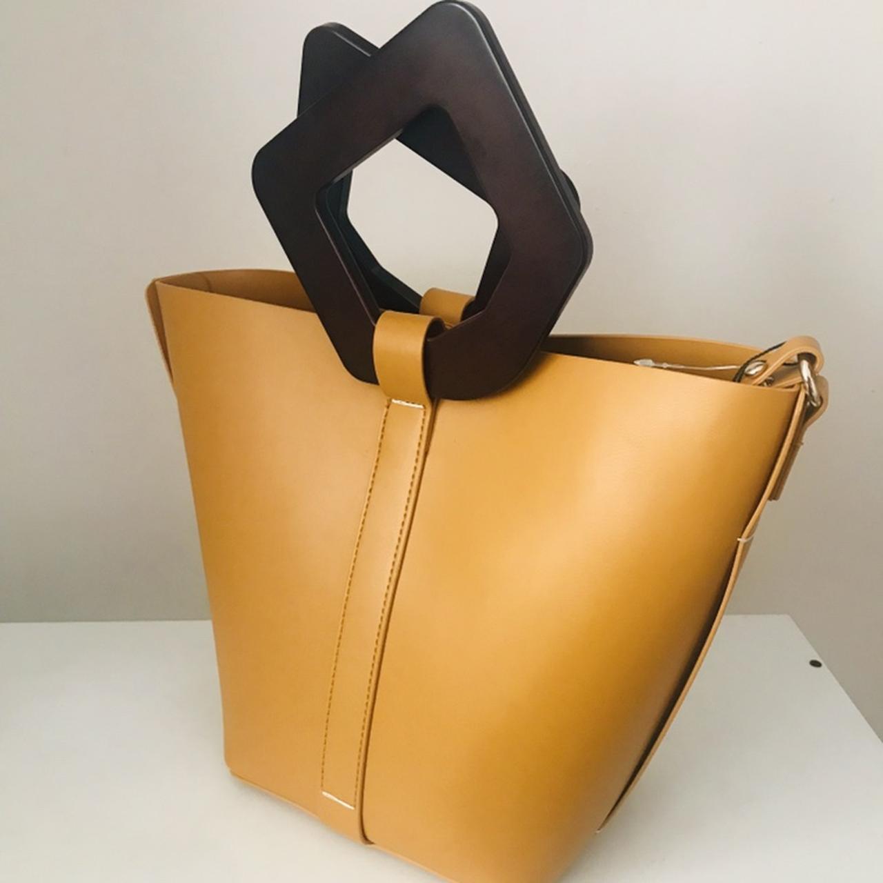 Beautiful Mustard Zara bag with wooden shape Depop