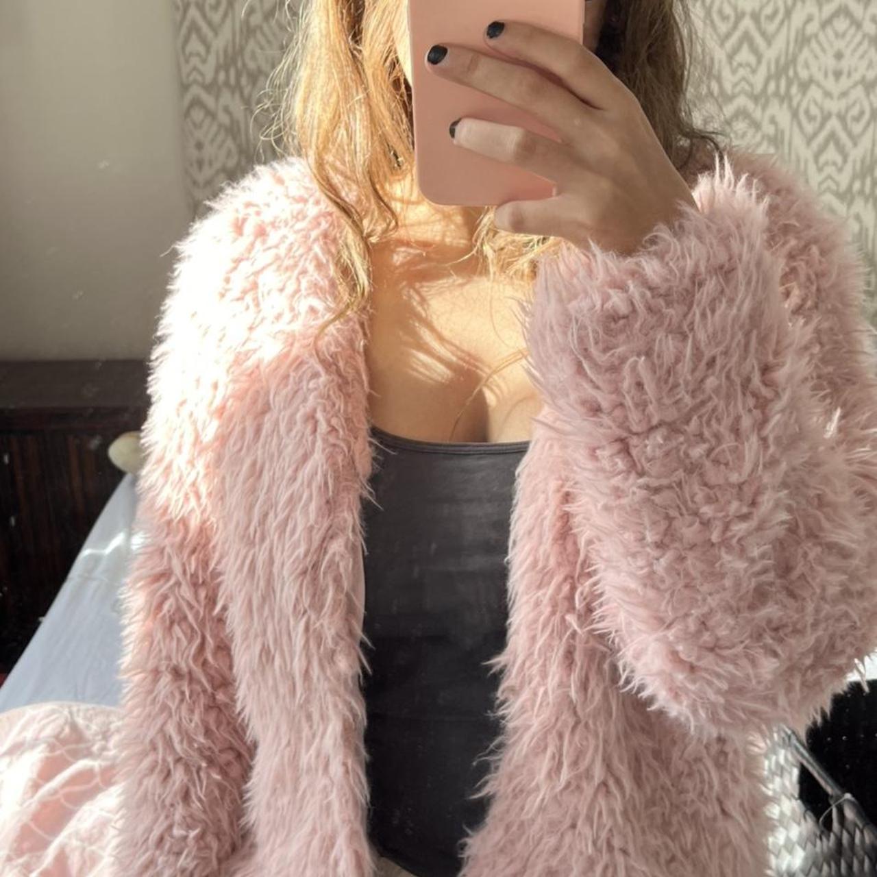 Pink faux fur jacket Will fit an XS - S Barely... - Depop