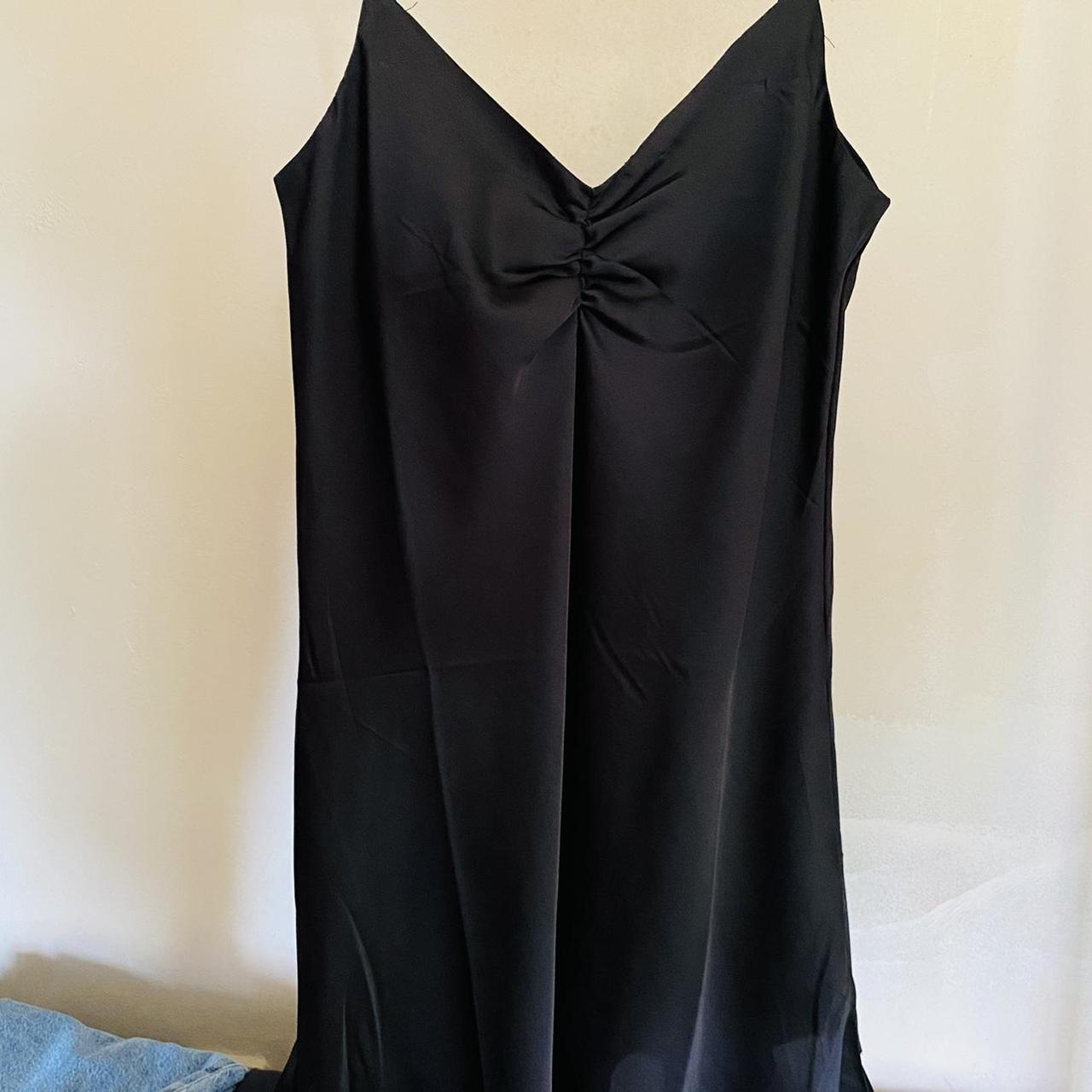 Silky black slip dress with ruching around the... - Depop