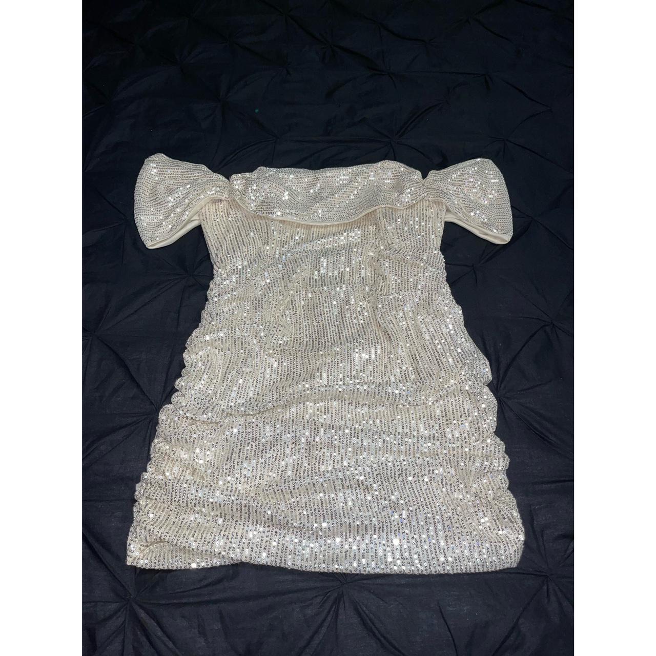 cream sequin bardot bodycon dress