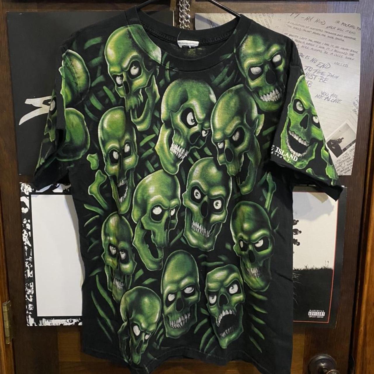 2001 Liquid Blue Green Skull All Over Print Black... - Depop