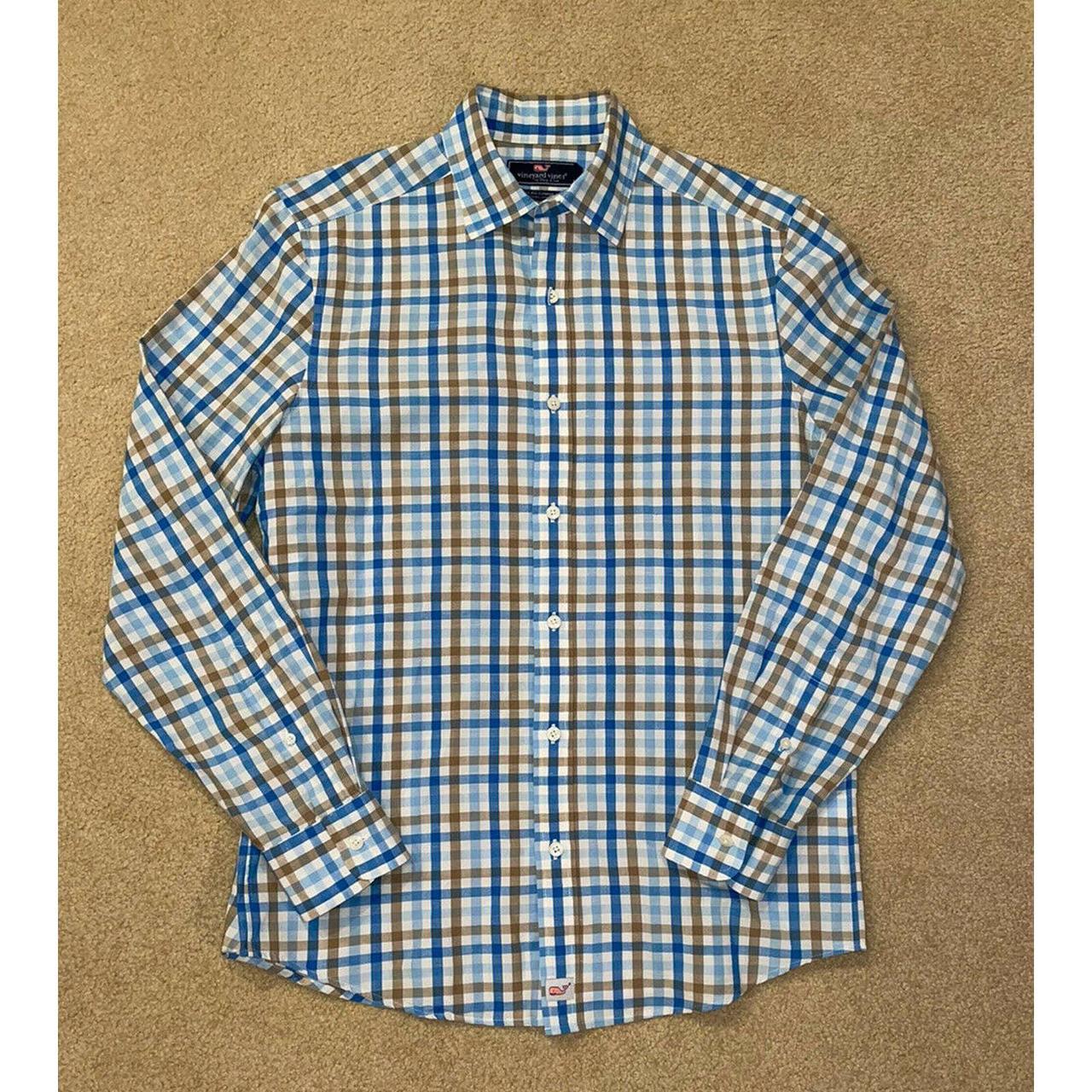 Vineyard Vines Mens Light Blue/Brown Plaid Long - Depop