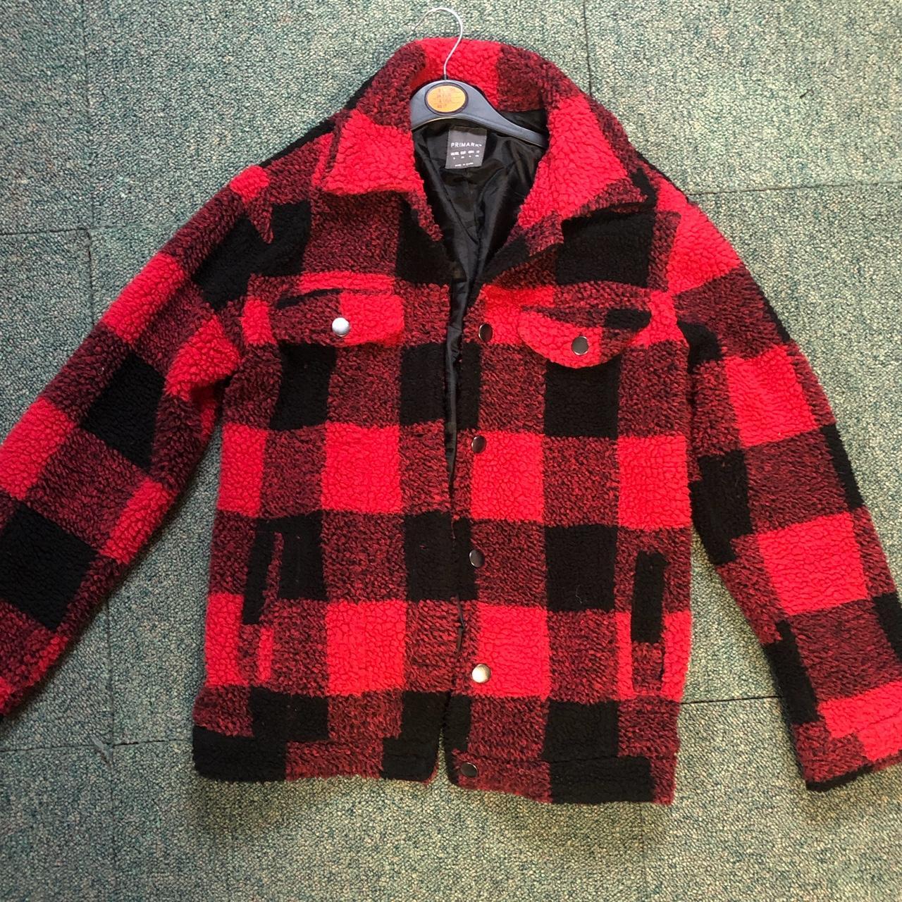 Fluffy,, fleece check coat,, size 8,, worn only few... - Depop