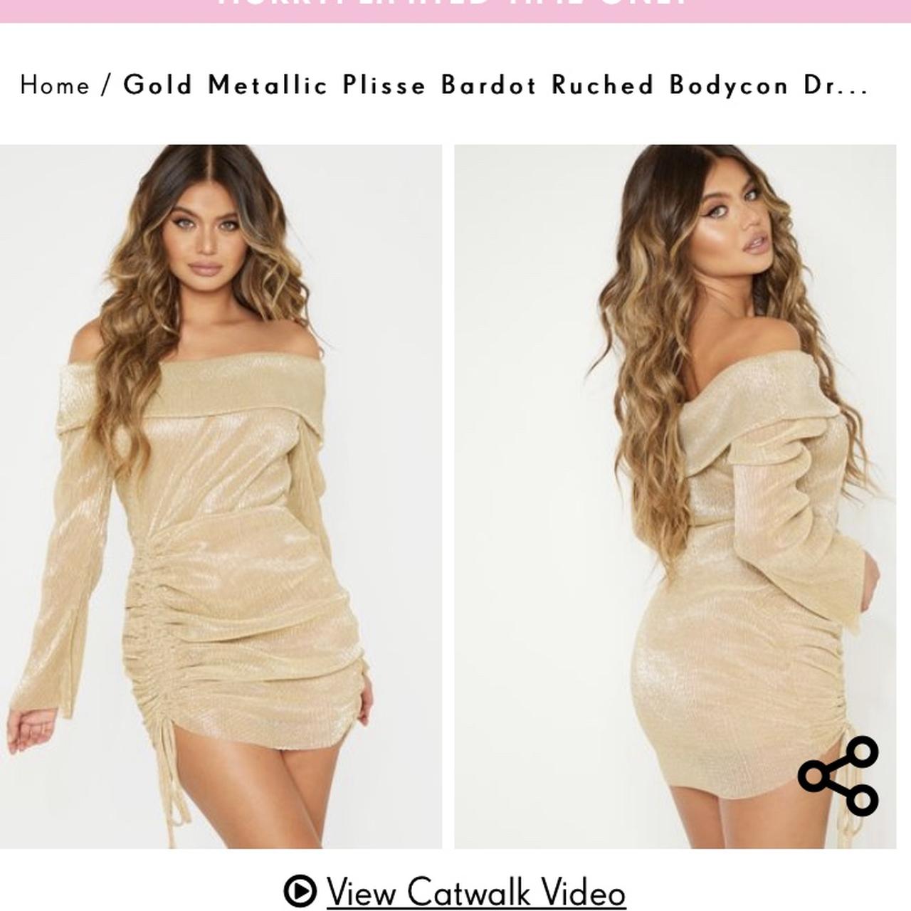 Gold metallic plisse ruched store front bardot bodycon dress