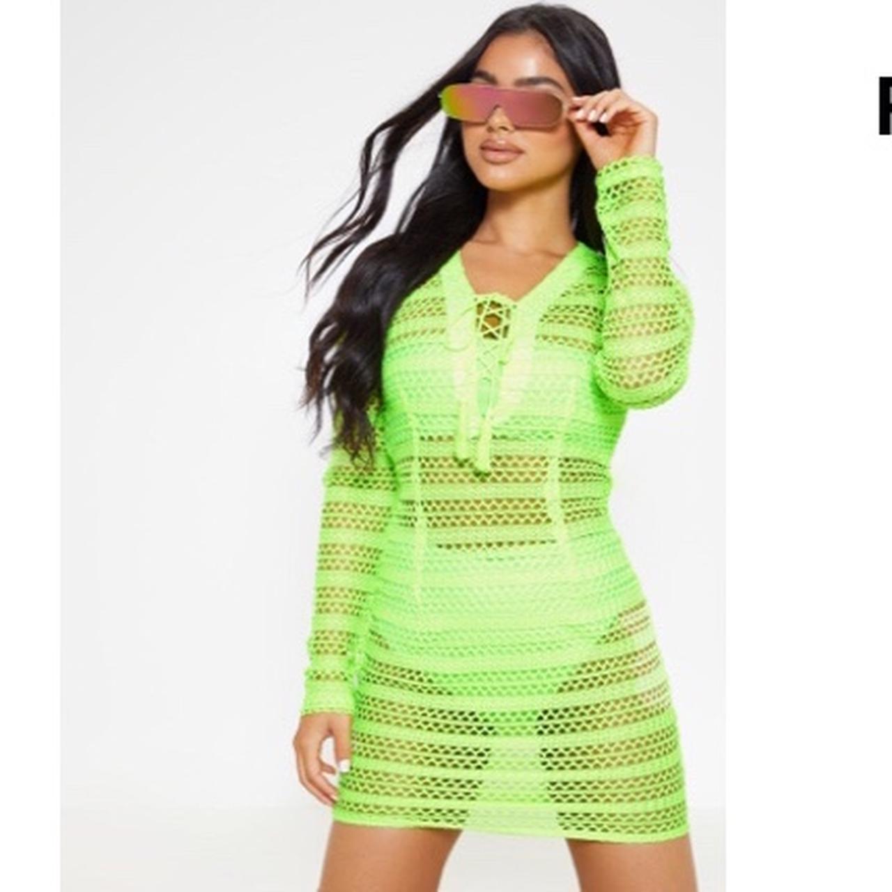 PLT Neon Lime crochet lace up mini dress worn