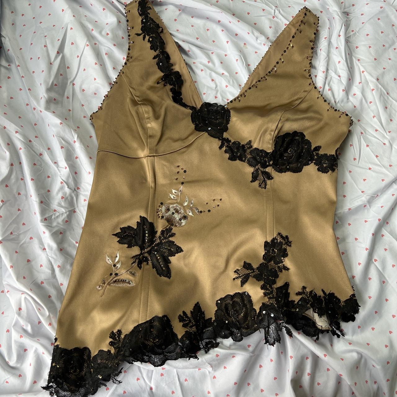 Stunning asymmetric bustier in beige/gold silk with... - Depop