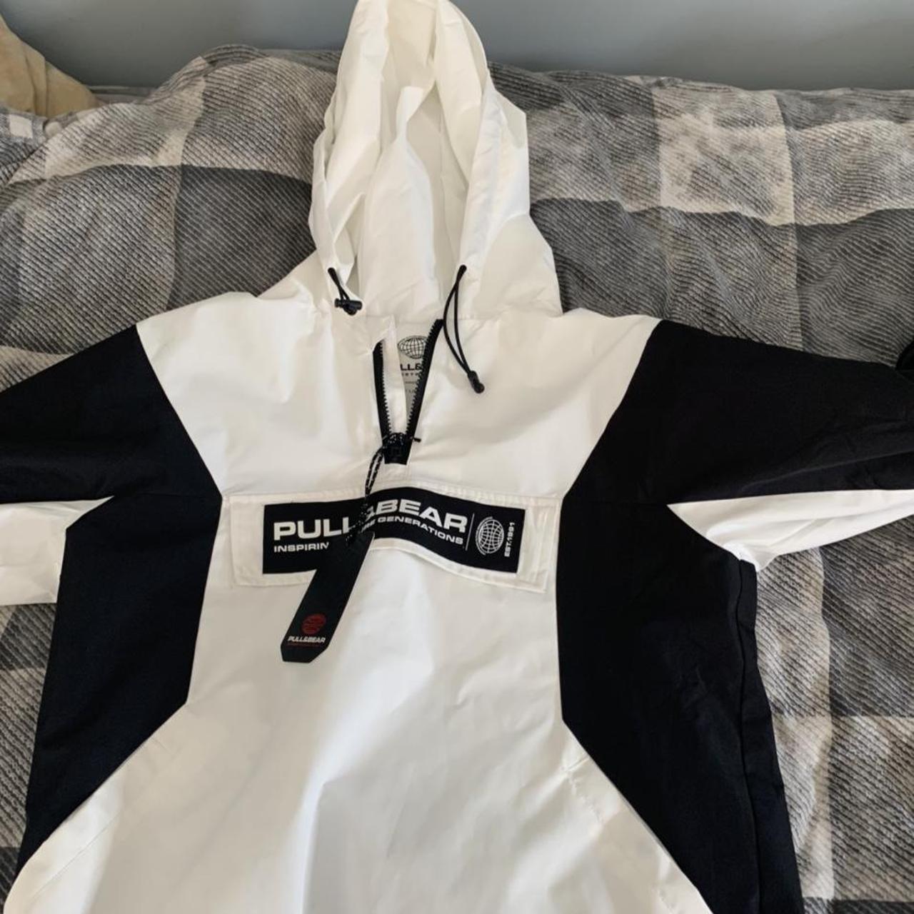 White and black pull and bear rain jacket Depop