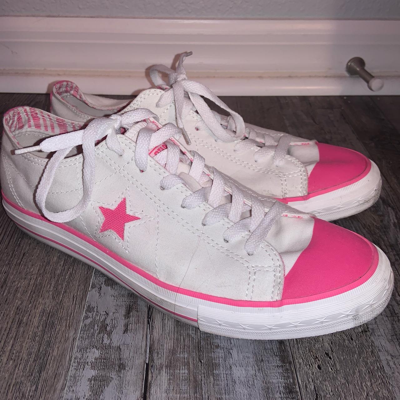 women’s pink and white one star converse size 11... - Depop