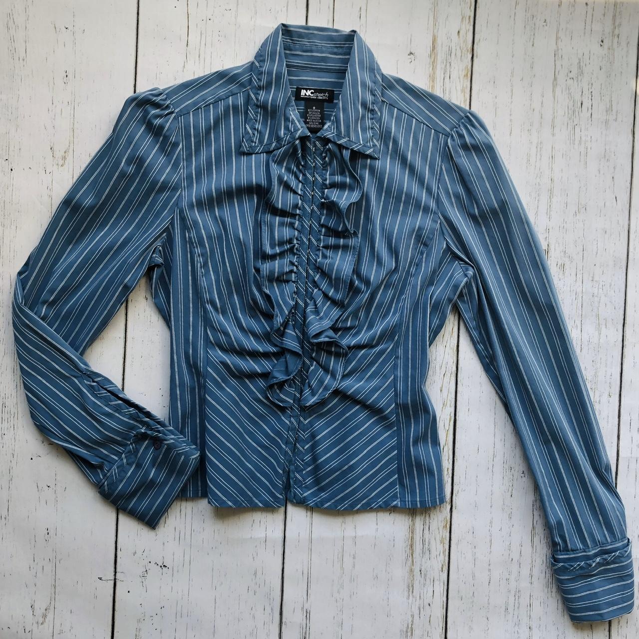 American Vintage Women's Blue and White Blouse | Depop