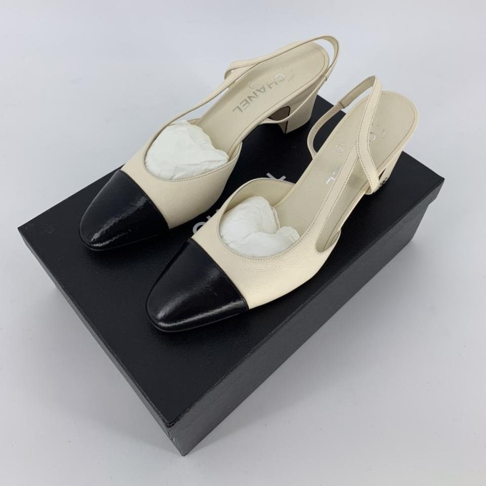 Chanel sling back two tone heels Cream white and - Depop