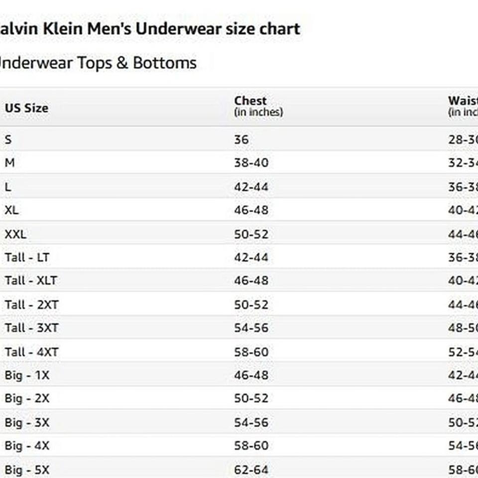 Calvin klein underwear size chart mens deals