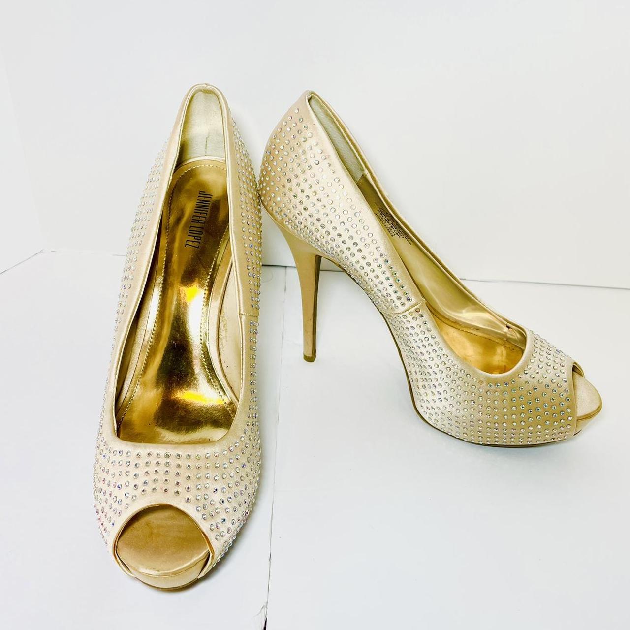 sequin gold peep toe heels