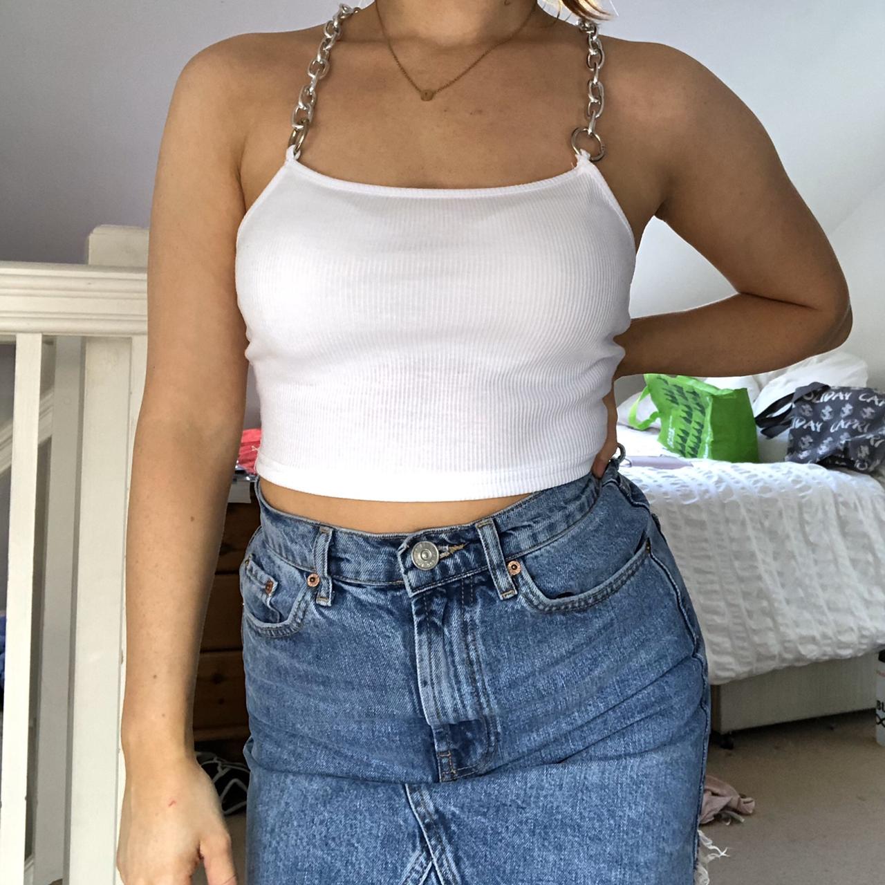 Y2K white ribbed chain crop top, such a nice fit and... - Depop