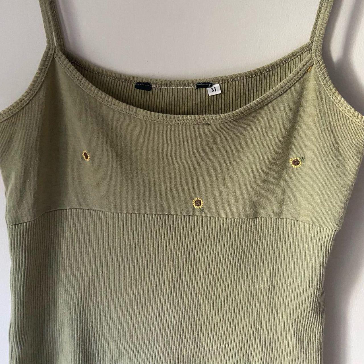 Sunflower Embroidered Green Ribbed Tank Top Size... - Depop