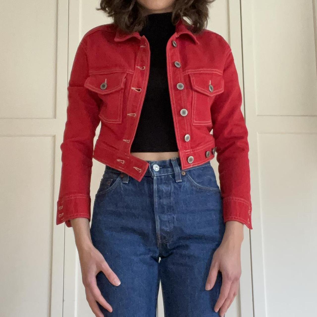 & Other StoriesCropped Denim Jacket in Red | Red denim jacket, Denim jacket  women, Jacket outfits