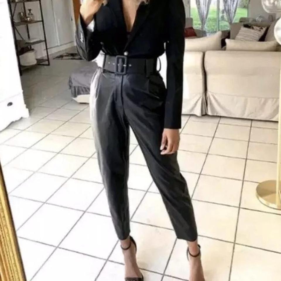 Zara PU faux leather black belted trousers. Size - Depop