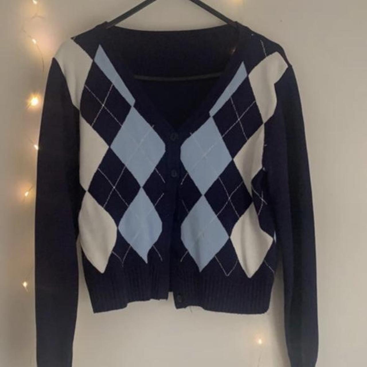 Blue argyle cardigan. Fits sizes 6-8. Can’t remember... - Depop