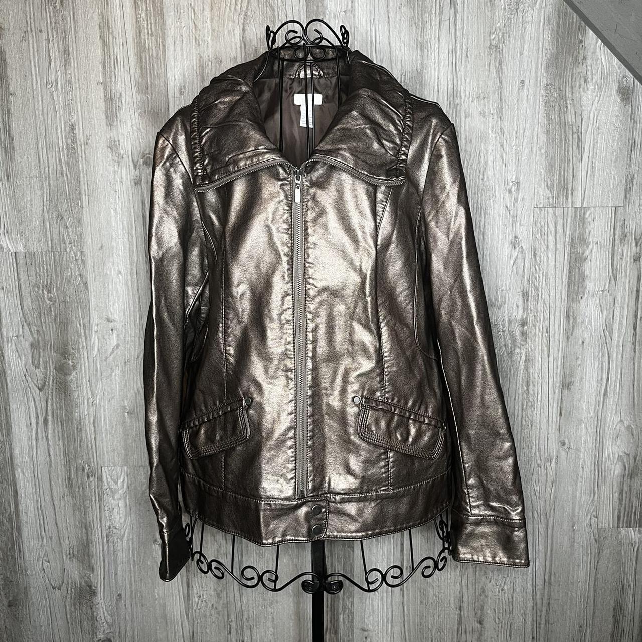 Chico's bronze Metallic Bomber Jacket Faux Leather... - Depop