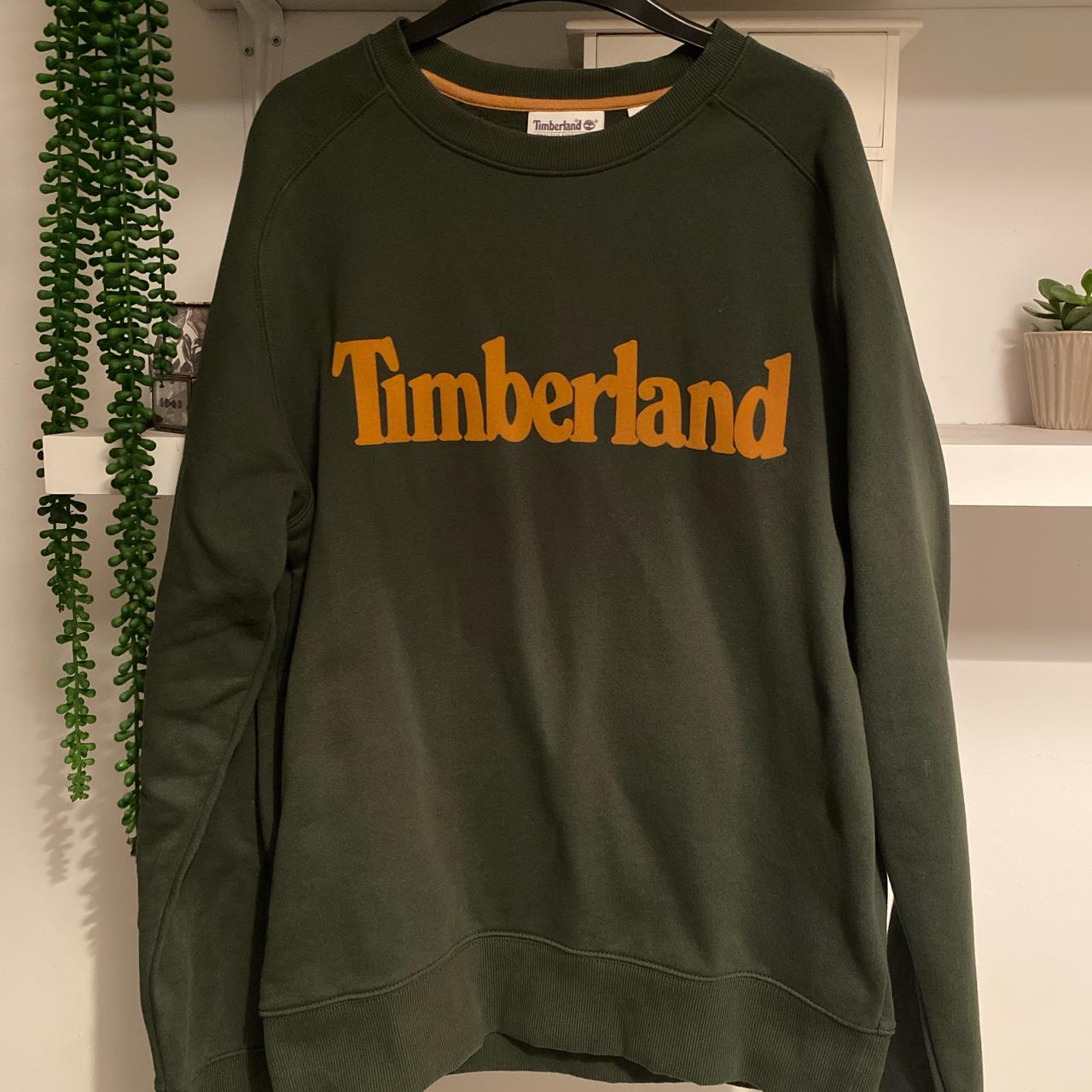 timberland green and yellow sweatshirt size... - Depop