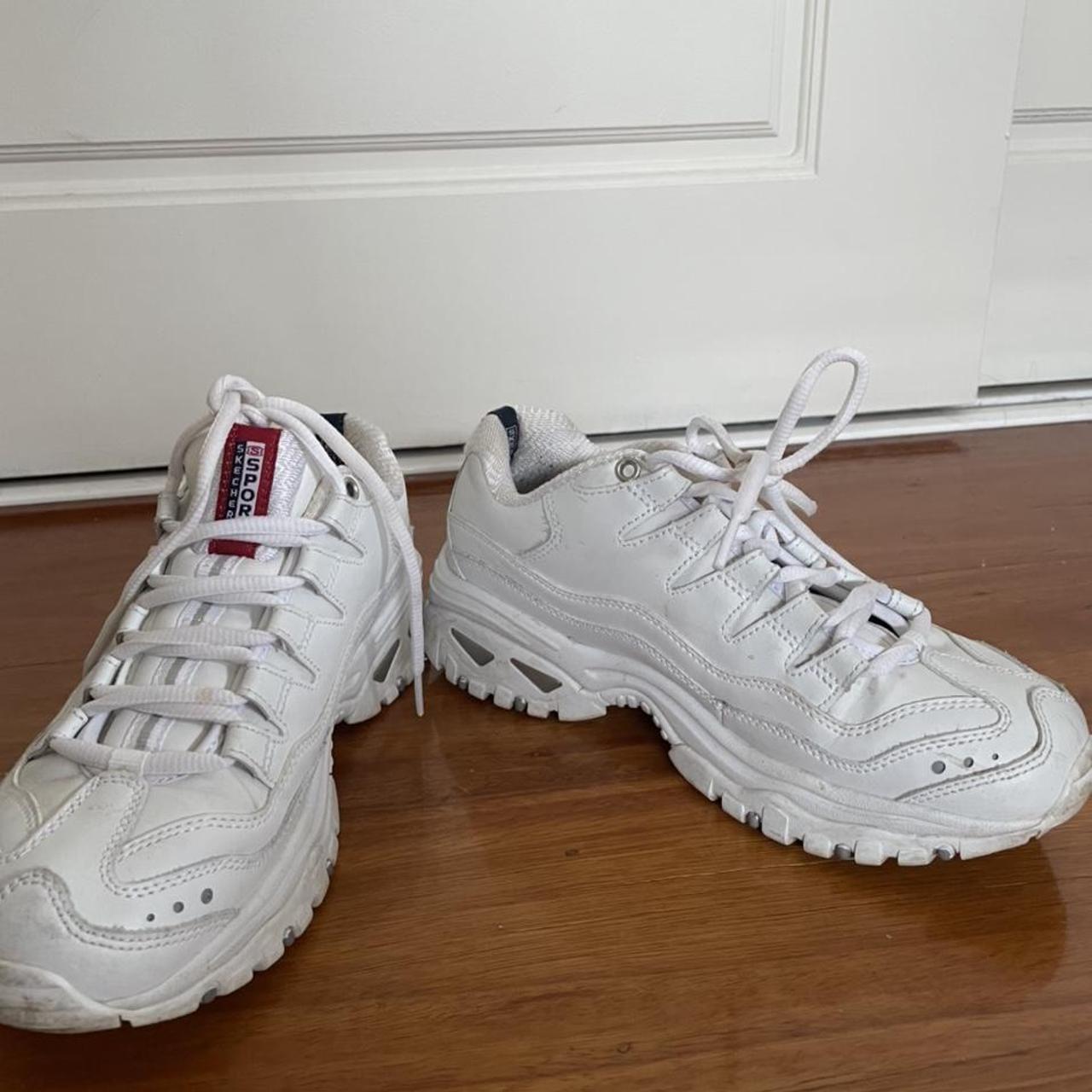 White Sketchers trainers, cool chunky shoe! Lightly... - Depop