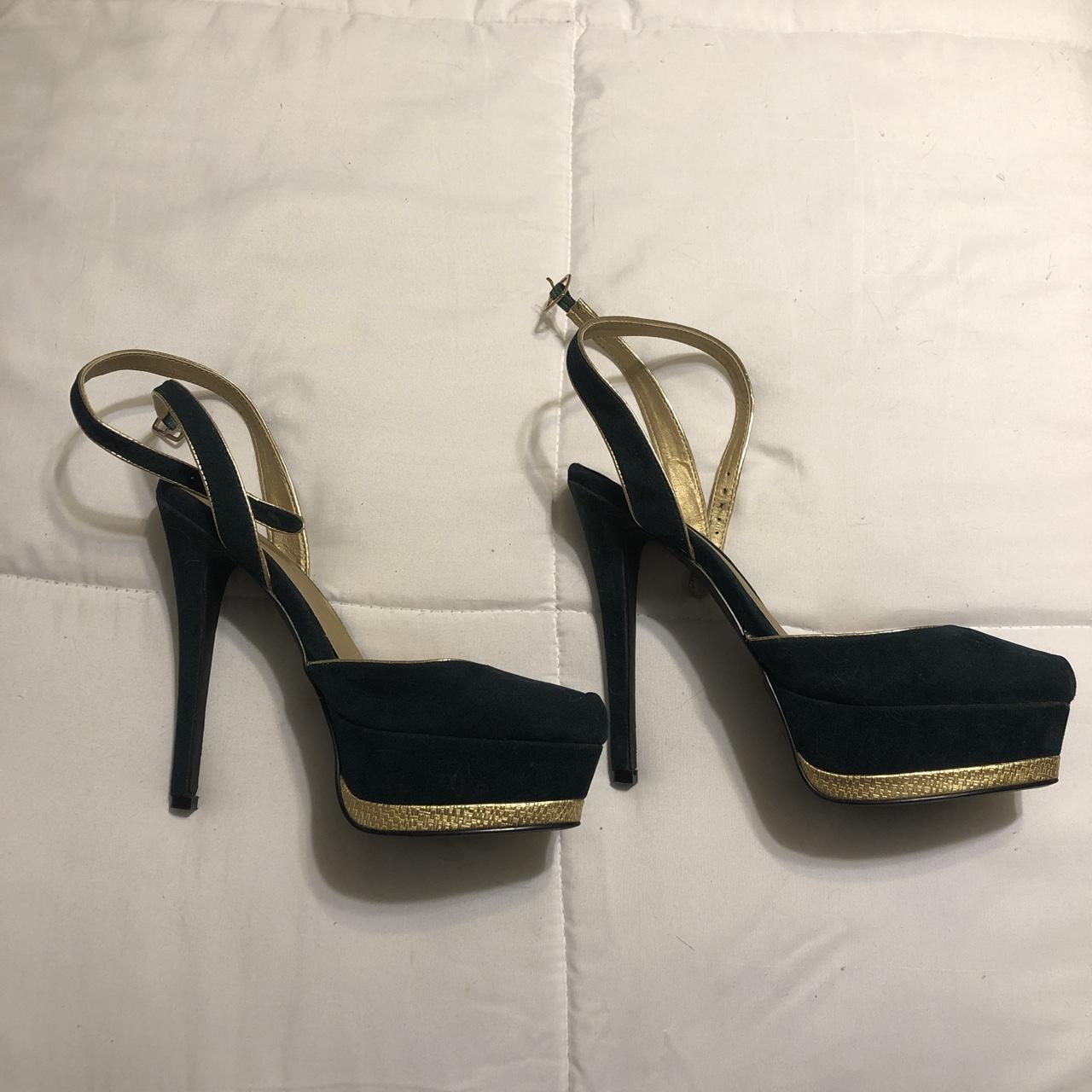 dark green faux suede platform heels with a super... - Depop