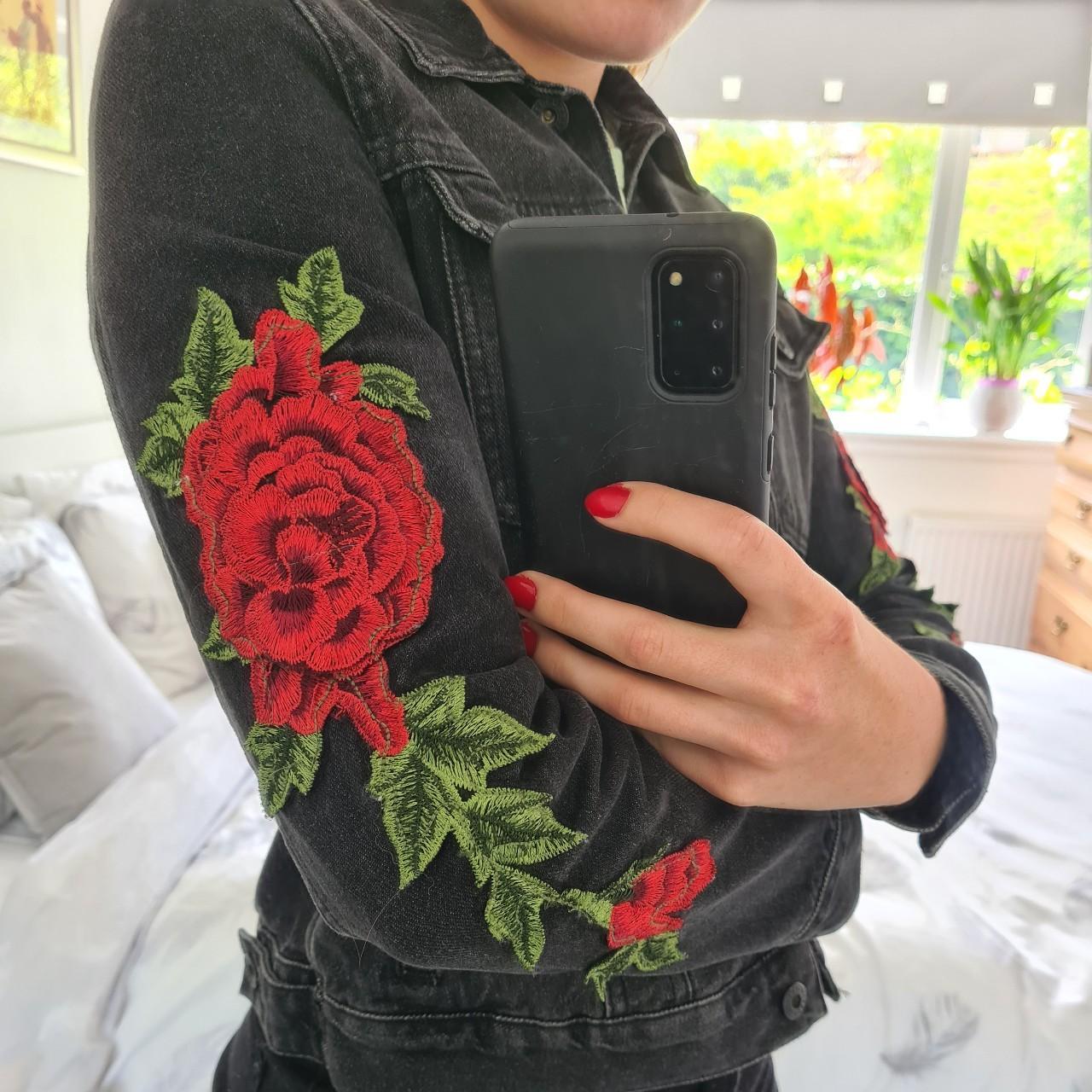 Kubban black denim jacket with red flower embroidery