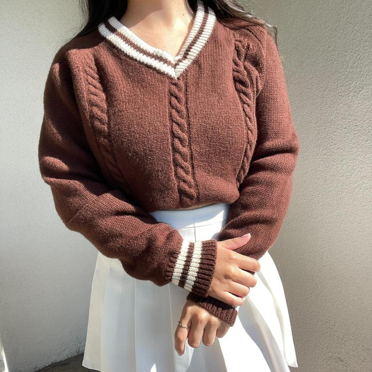 Brown Varsity cable knit sweater Size - M Brand -... - Depop
