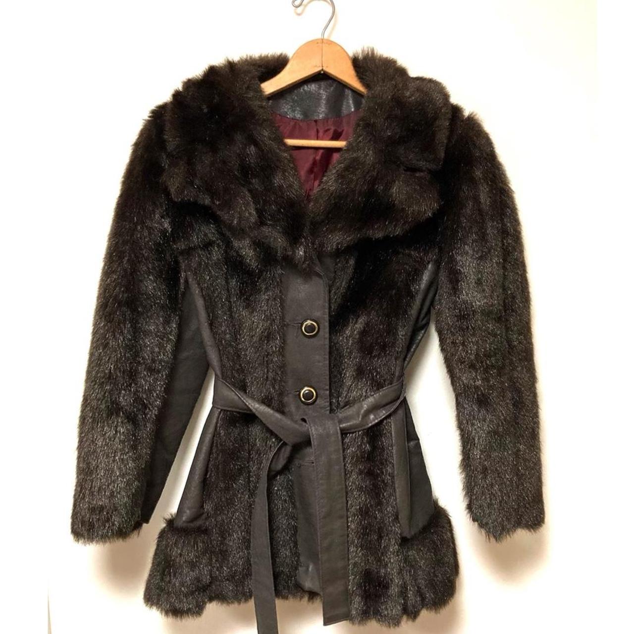 60s faux fur/faux leather coat. buttons and ties at... - Depop