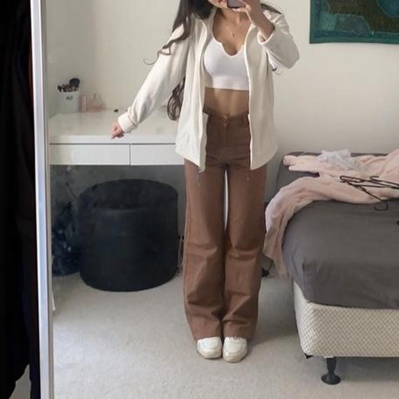 brown high waisted straight leg trousers, great... - Depop