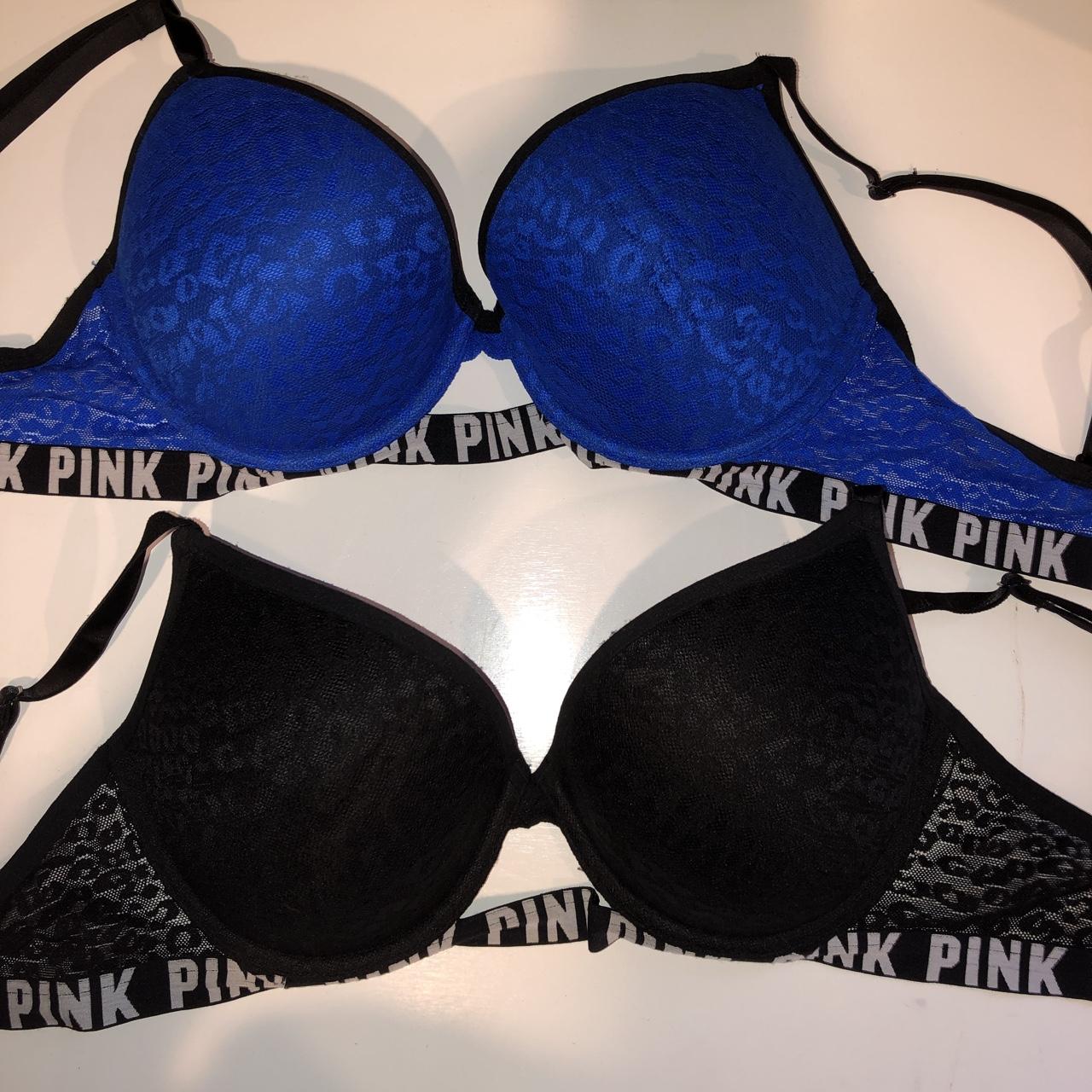 Pink brand push up bras blue and black with lace.
