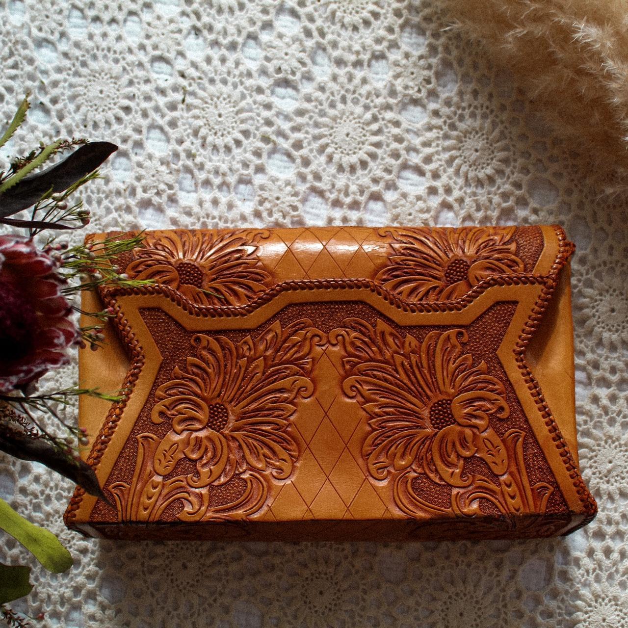 Vintage carved leather clutch bag, in great... - Depop