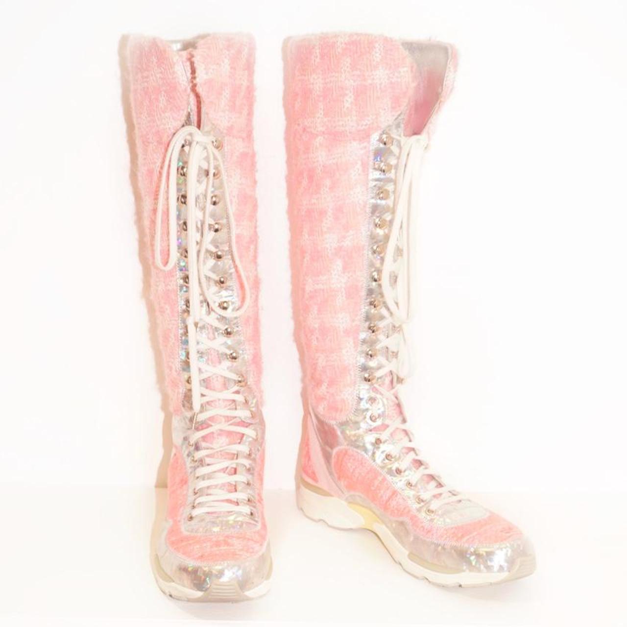 ブーツその他 [Chanel]Women's Pink and Silver Boots CHANEL 2014 SUPERMARKET PINK TWEED SNEAKER BOOTS | Depop