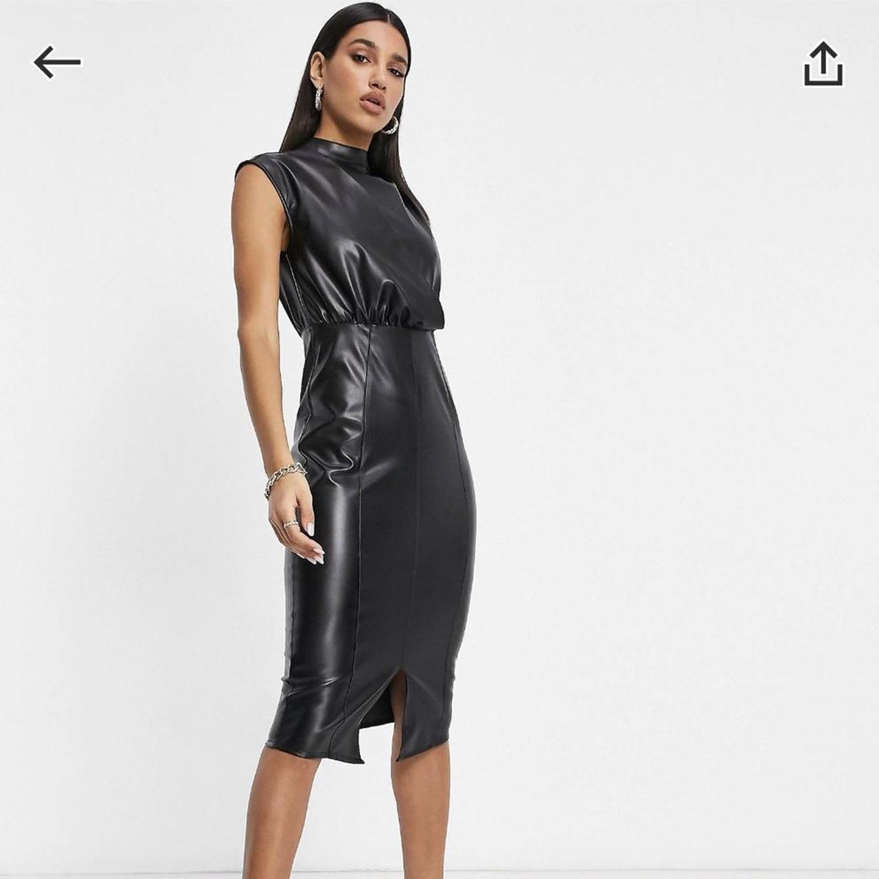 ASOS leather look midi dress black size Worn Depop