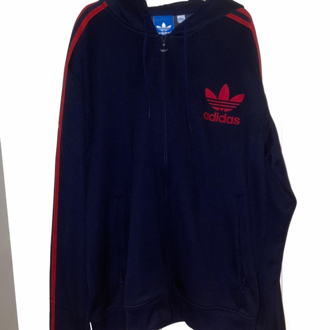 Adidas blue sales and red hoodie