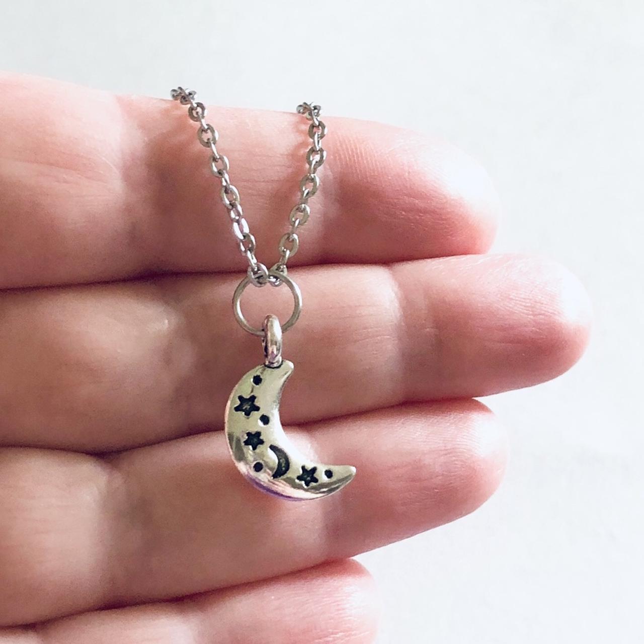 Silver crescent moon necklace, with engraved stars... Depop