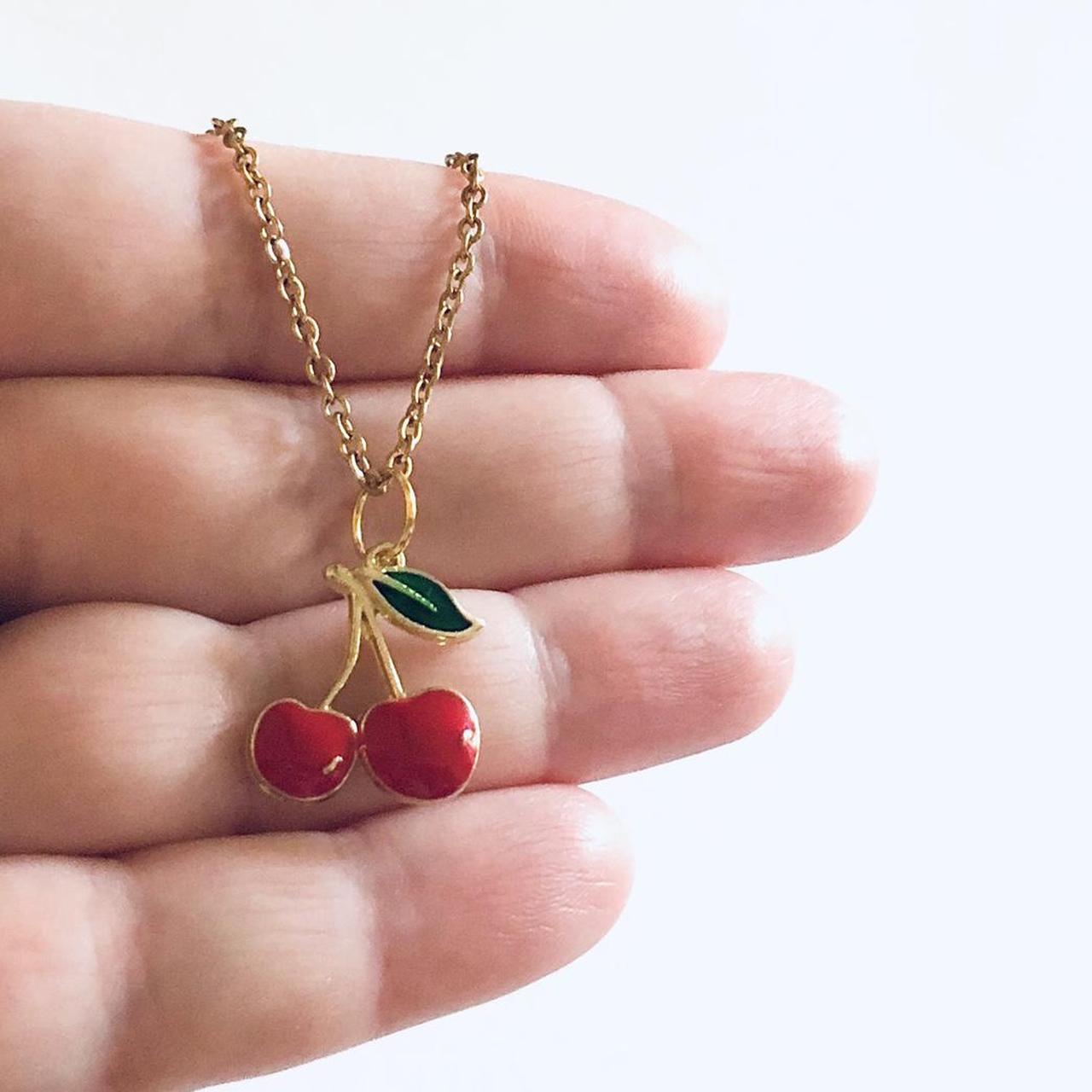 Red cherries necklace, fruit cherry charm with GOLD... - Depop