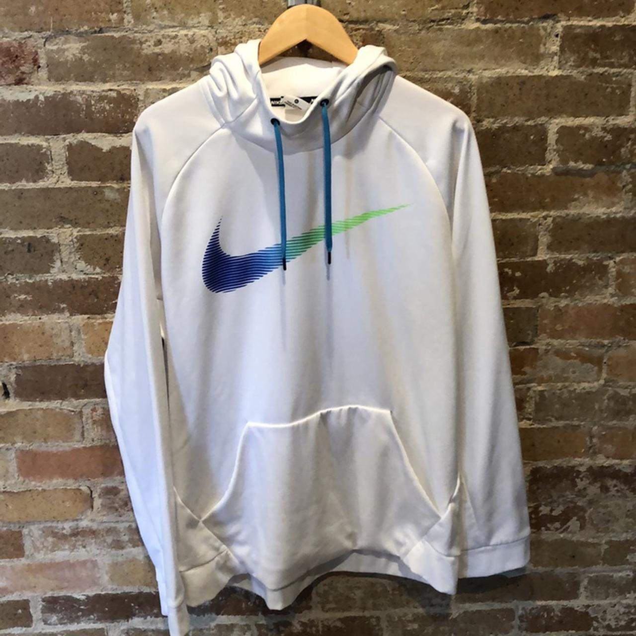 white nike hoodie with blue swoosh