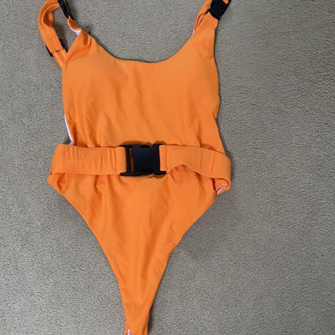 Neon orange swimsuit with belt and adjustable straps... - Depop