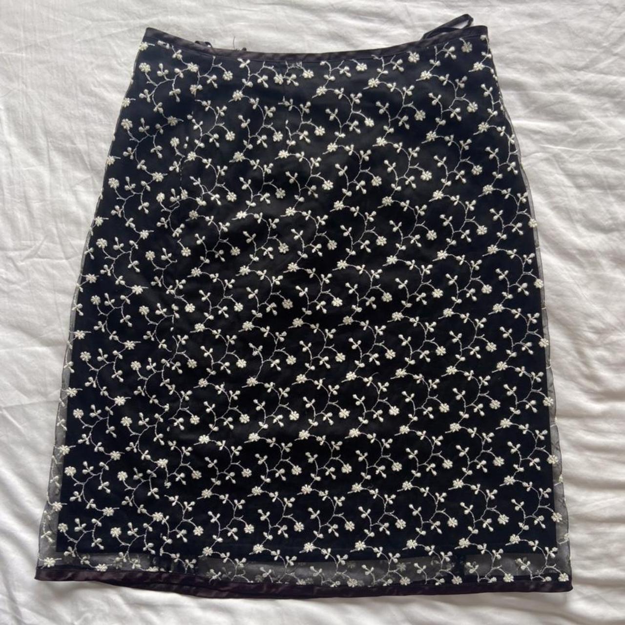 Vintage 1980s black midi skirt with white mesh lace... - Depop