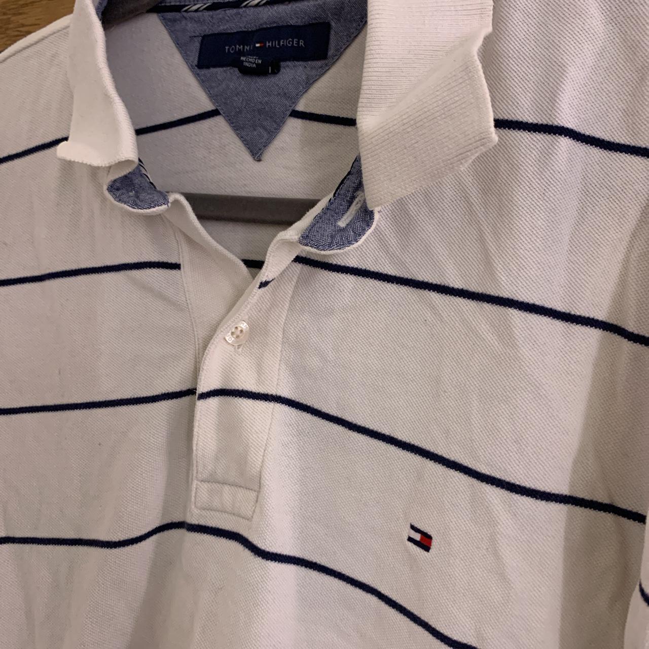 TOMMY HILFIGER WHITE AND DARK NAVY STRIPED POLO... - Depop